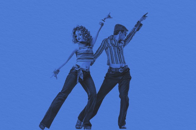 man and woman in retro style clothes dancing