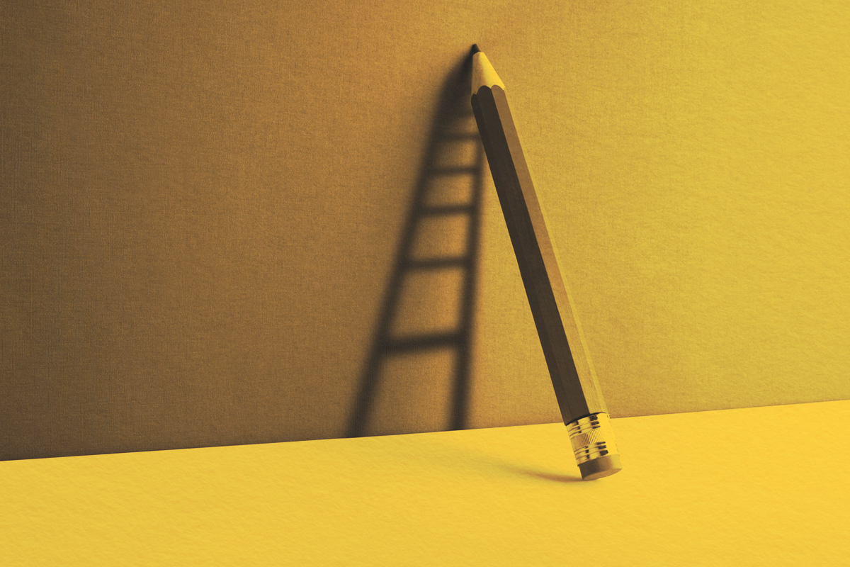 Pencil leaning against a wall, with Ladder shade reflection on the wall.