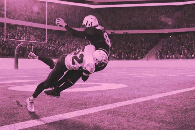 Two american football players in sports uniform and protective equipment in motion