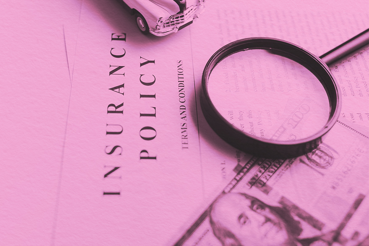 Certificate of motor insurance and policy with car and dollar bills