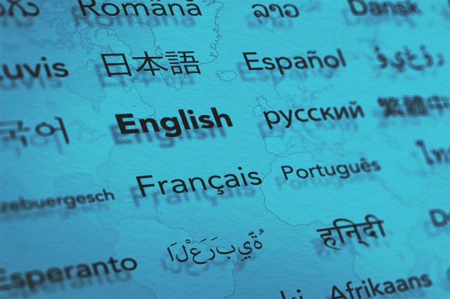 Several languages on paper with world map background