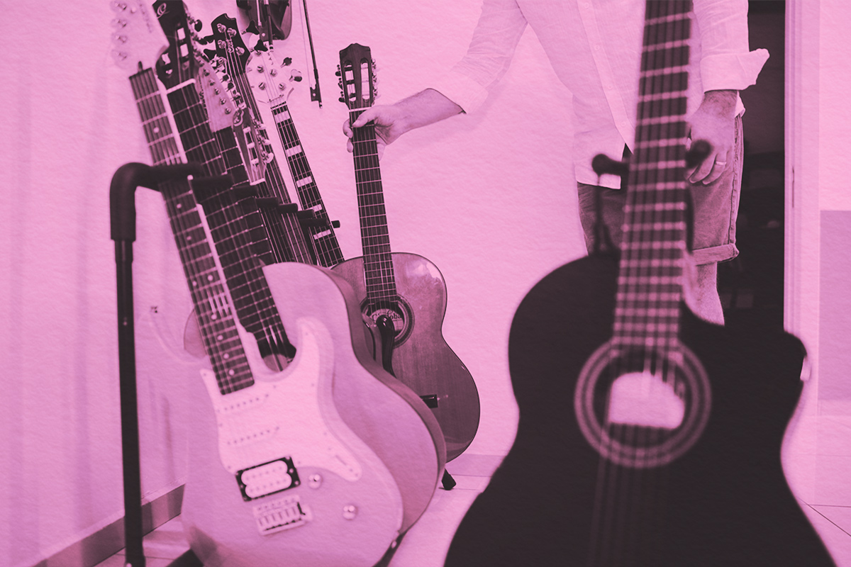 Different types of guitars in a music store