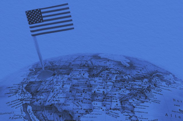 National flag on United States of America on world map