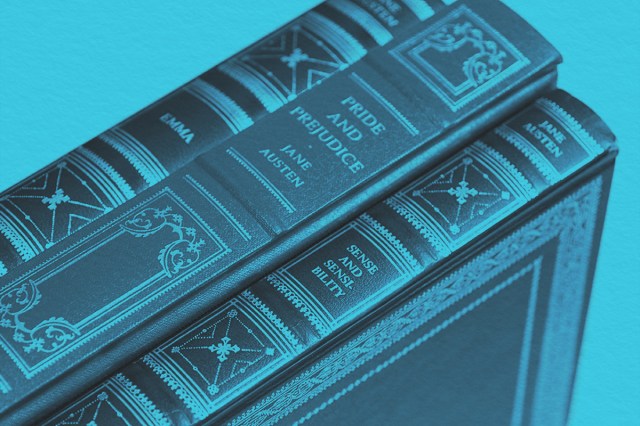 Close-up of leather bound books by Jane Austen