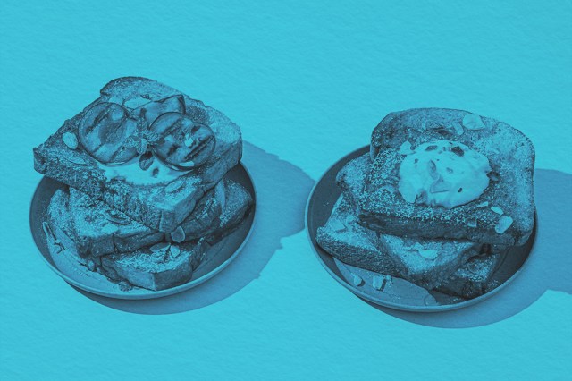 Two plates of french toast with toppings