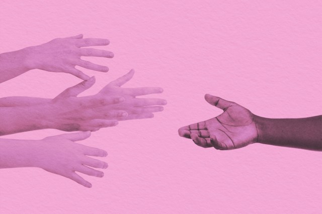 Various hands reaching out to a singular hand