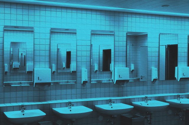 Public restroom mirrors and sinks