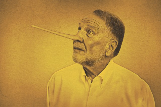 Man with long nose looking up. Liar concept